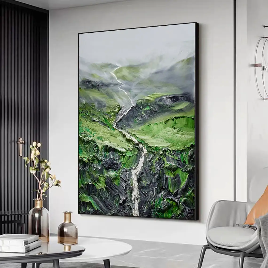 Landscape Oil Painting On Canvas Textured Wall Art Abstract Green Mountain River Painting Custom Painting Bedroom Wall Decor