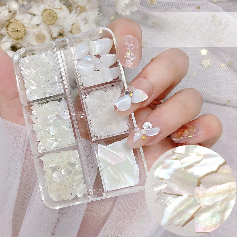 

Irregular Abalone Shell Nail Art Flakes 6 Grids/box Natural Sea Shell Slices Nail Charms 3D Shiny Shell Sequins Manicure Flakes