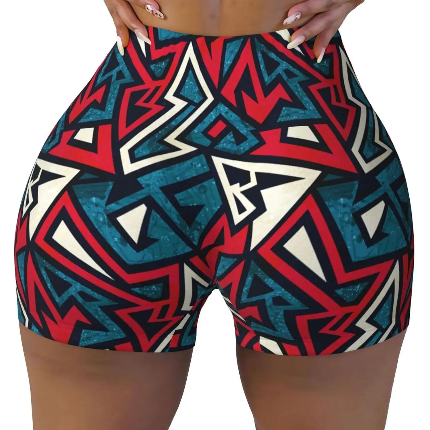 شورت للتمرين مطبوع عليه عناصر هندسية للنساء في صالة الألعاب الرياضية واليوجا والجري والرياضة النشطة واللياقة البدنية #1