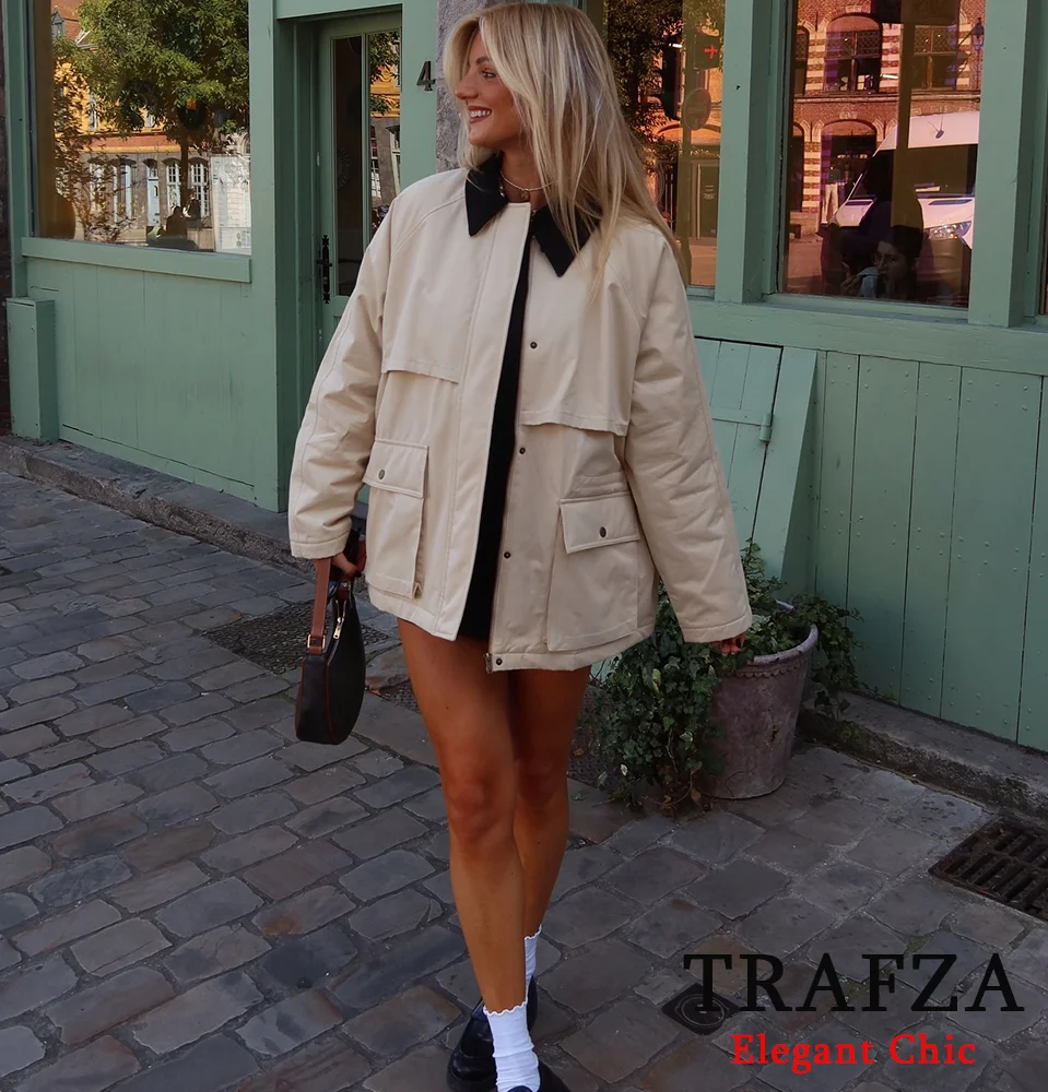 TRAFZA-Women Fashion Loose Padding Twill Jacket Lapel Zipper Jacket Coat New Fall Winter Simple Versatile Casual Loose Coat