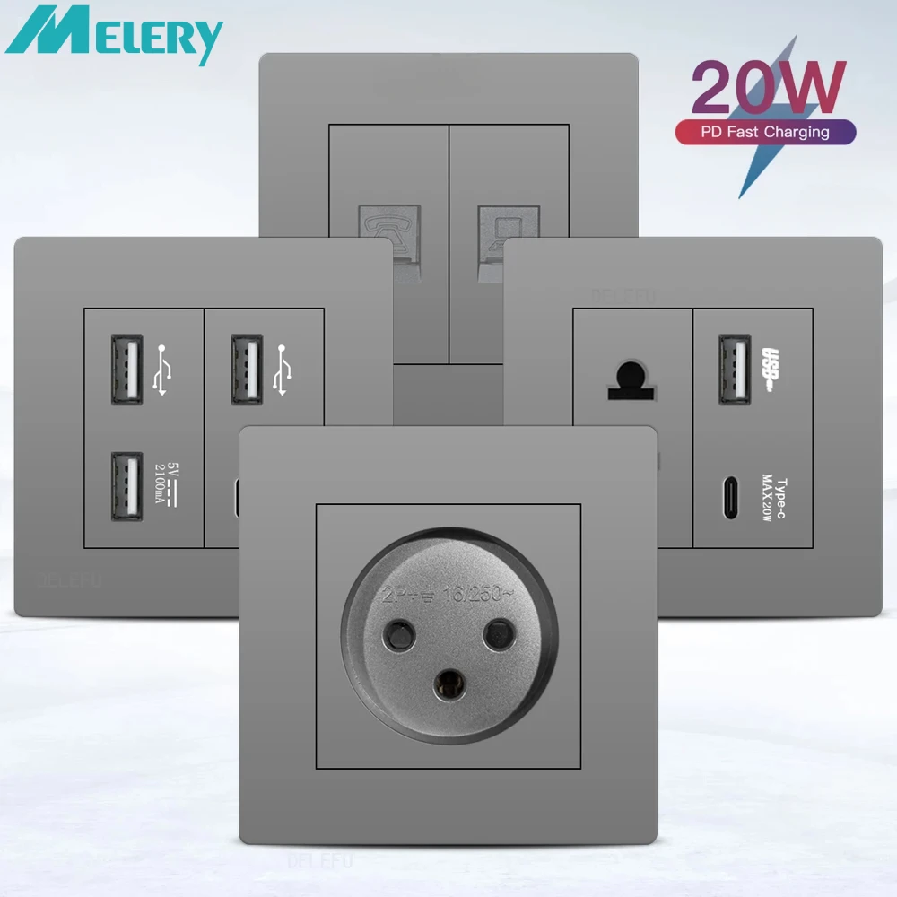 

Настенная розетка Melery, огнестойкая, серая, израильская розетка, стандартная USB-панель типа C, быстрая зарядка, панель ПК, 86 мм, телевизор, телефон CAT5 CAT6