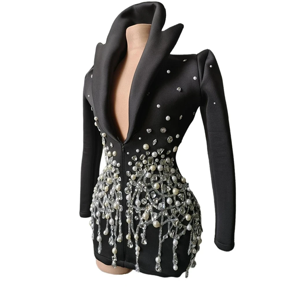 Chaqueta con lentejuelas y perlas y diamantes de imitación, ropa Sexy para escenario, DJ, cantante, Bar, club nocturno, traje de baile, espectáculo, atuendo de cantante