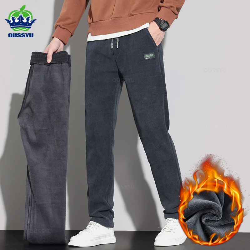 

Men's Fleece Corduroy Pants, Warm, Soft, Drawstring Sweatpants, Grey,Outdoors, Work, Straight, Casual Trouser, Male Wear, Winter