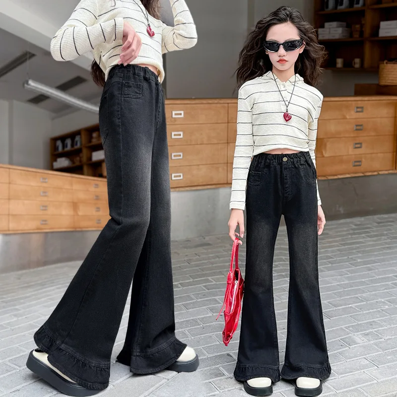 2025 new winter kids baby Girls spring jeans elastic child bell-bottoms slim pants denim autumn trousers 4 5 8 10 11 12 13 years