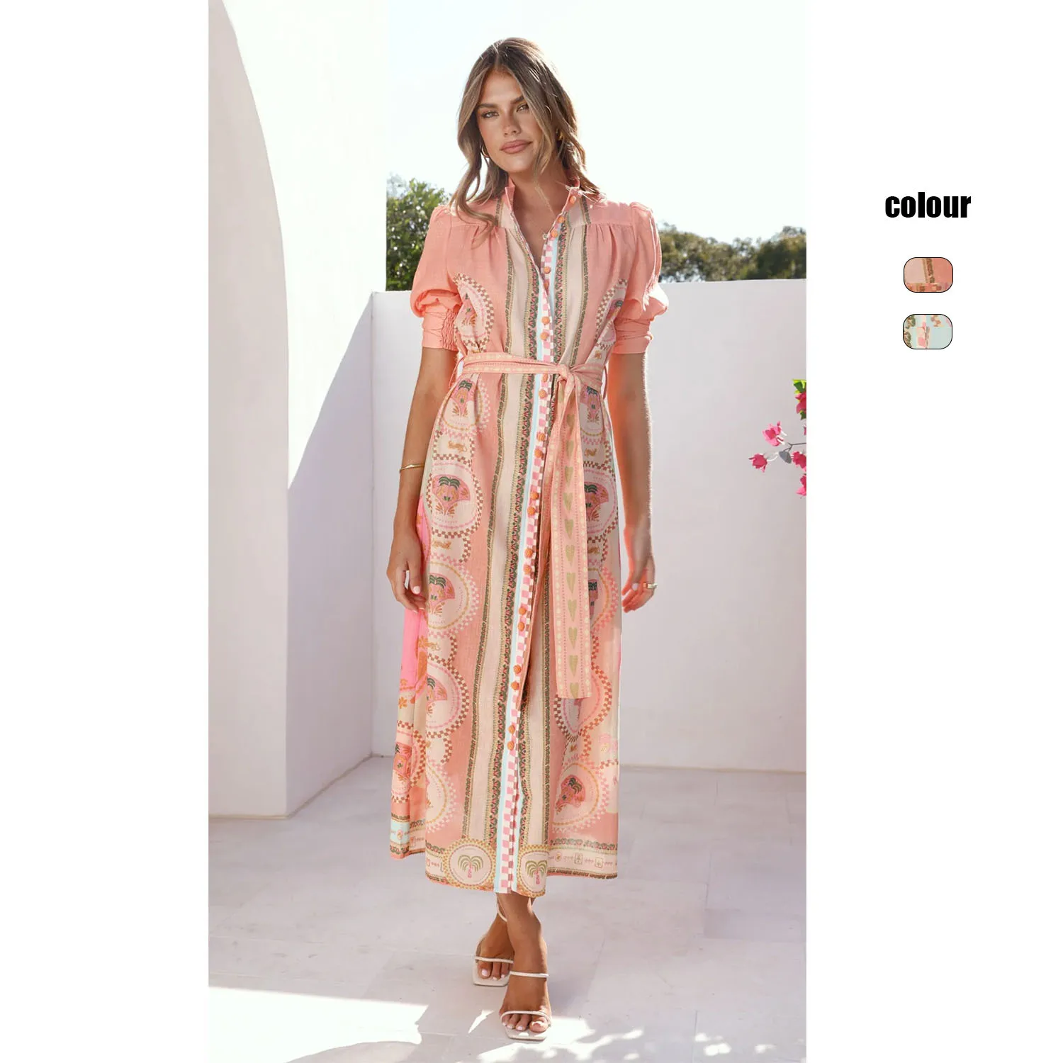 26 Spring/summer New Style: Sweet And Fashionable Tie-neck Mid-length Dress With Positional Print 2606 Summer Maxi Dress Midi