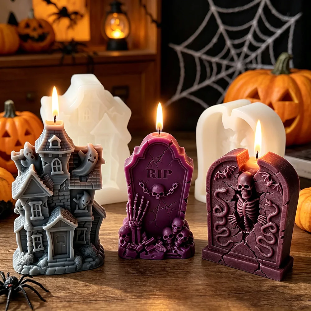 Image of Halloween Grabstein Silikonform Spukhaus Skelett Kerzenform DIY Duftkerze Gips Harz Kerzenherstellung