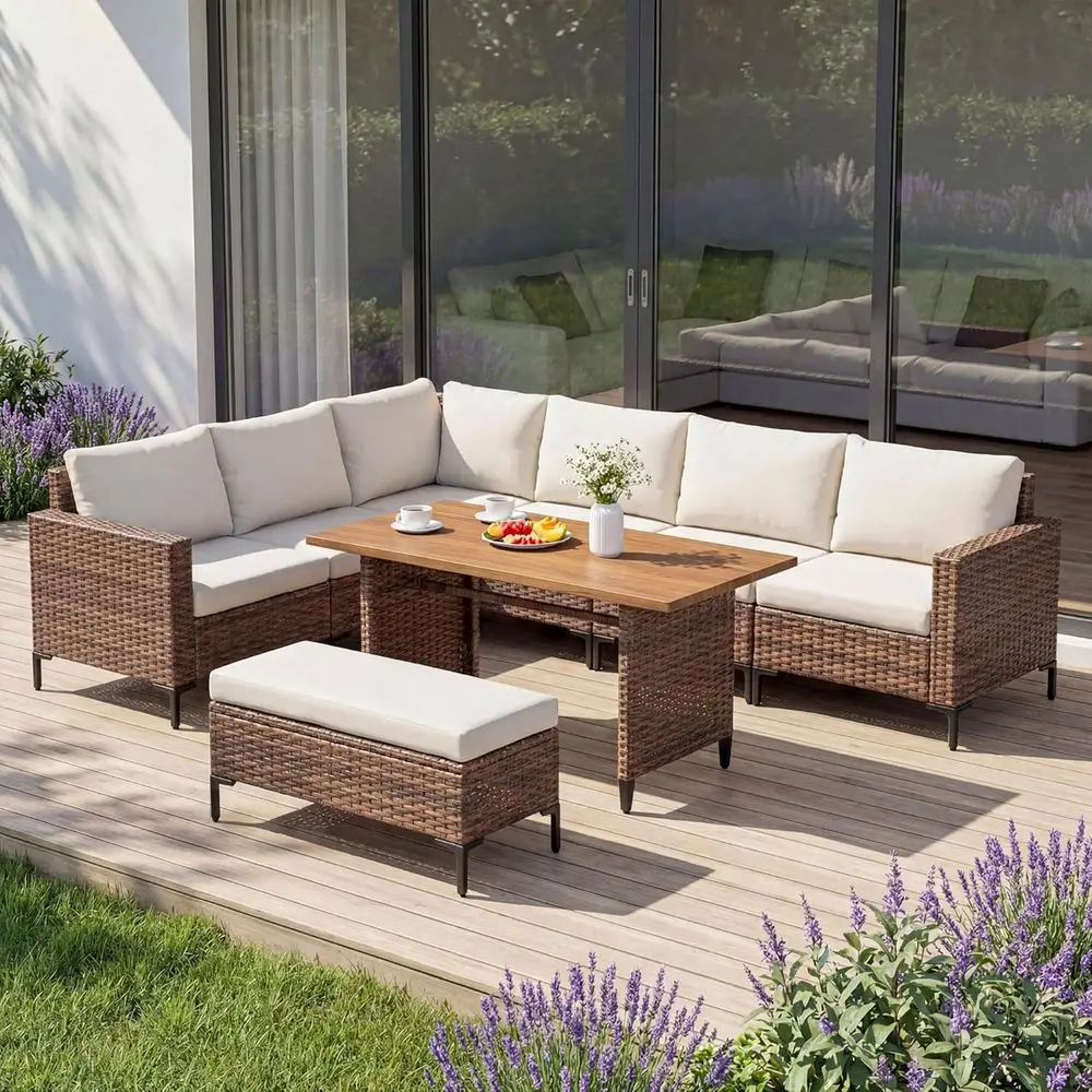 

8 Pieces Outdoor Patio urniture Set, PE Wicker Sectional Contion Soa with Adjustable Backrests, Storage Ottoman & Wood Table wit