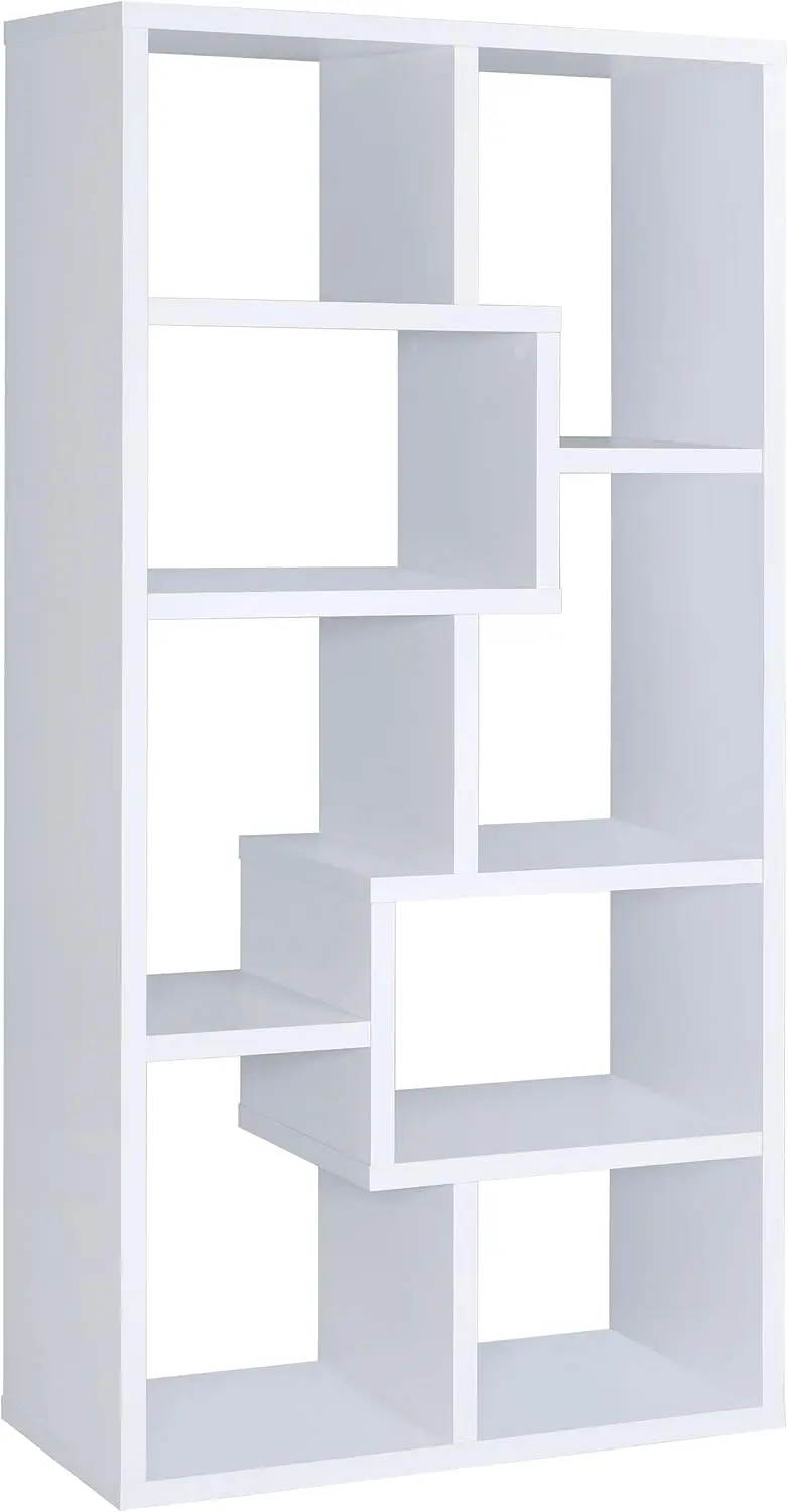 

6-Shelf Geometric Bookshelf, White, 71-Inch, Engineered Wood with Paper Lamination, Transitional