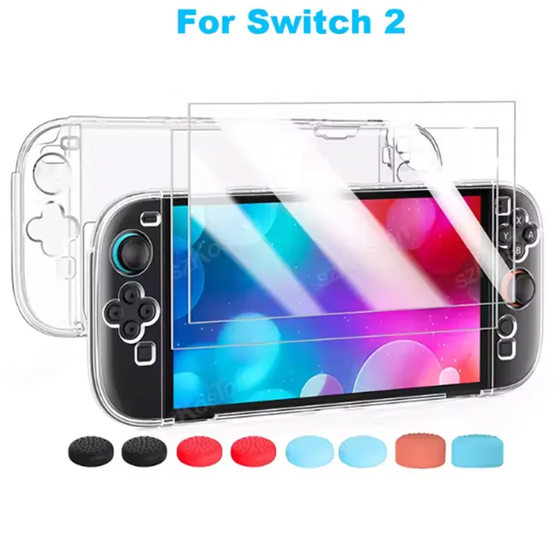 للتبديل 2 Joy-Con 3 في 1 واضح PC واضح قشرة صلبة الجلد مع واقي للشاشة الإبهام القبضات لمجموعة ملحقات Switch2