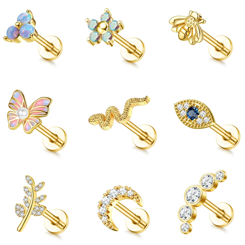 

Drperfect 16G Cartilage Earrings Stud for Women Stainless Steel Flat Back Butterfly Moon Flower Helix Tragus Piercing Jewelry