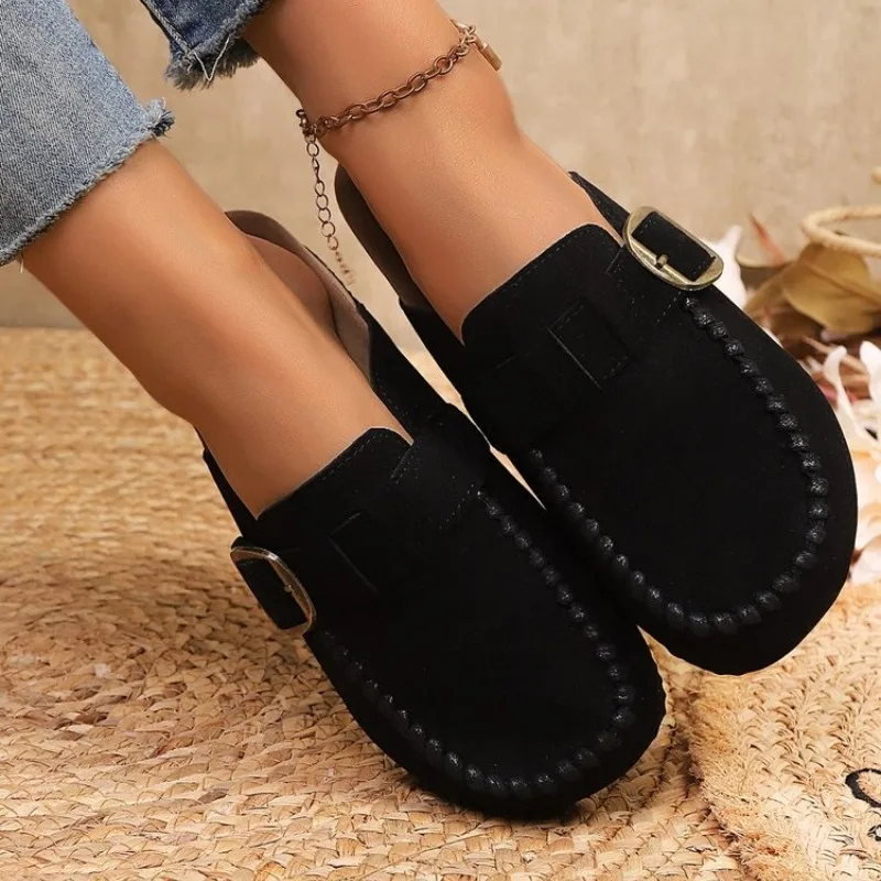 

2026 Summer Women's Black Suede Mules Buckle Decor Backless Loafers Comfortable Casual Flat Slippers