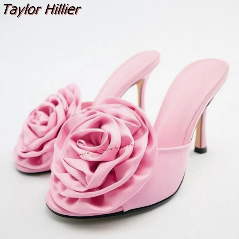 Shoes Ladies Summer 2023 Elegant Fashion Flower Satin Open Toe Stiletto Sexy Simple All-Match Outerwear Dress Slippers 46