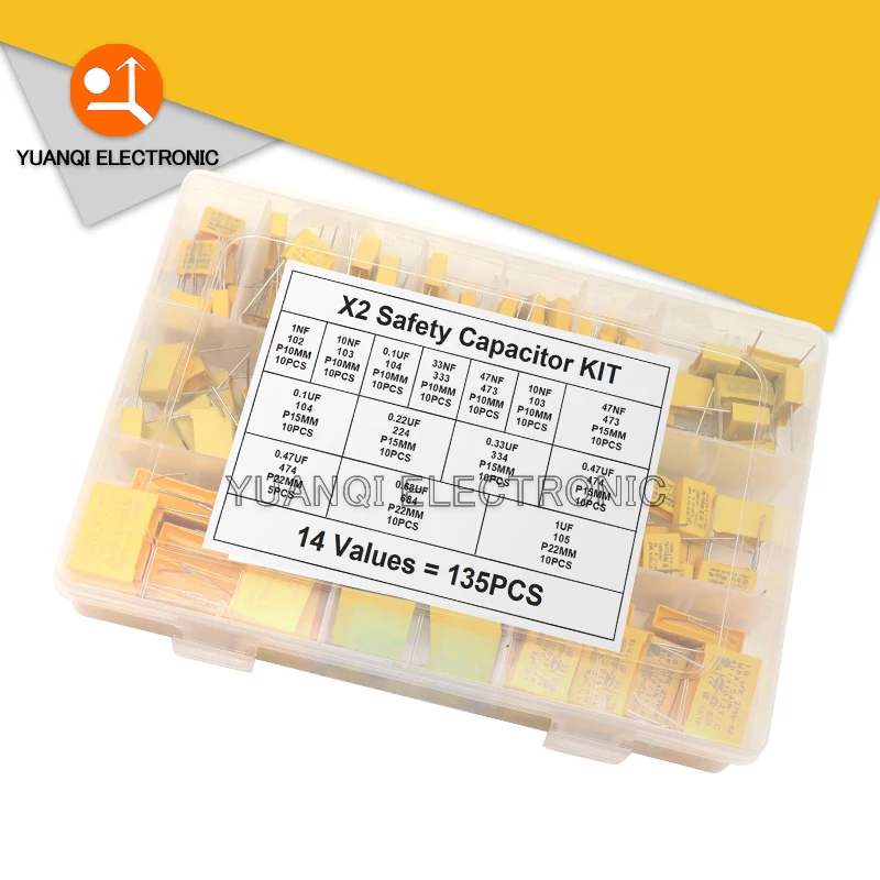 

135pcs 1NF - 1UF Polypropylene Film X2 Safety Capacitor Assorted Kit 275VAC 14Values 102K - 105K 1NF - 1UF Sample Set