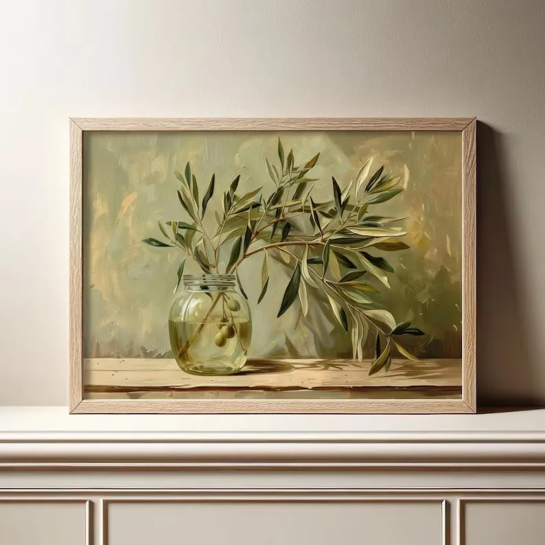 Antique Vase Italy Olive Tree Green Leaves Botanical Still Life Oil Painting On Canvas Poster Wall Art Pictures Home Decor