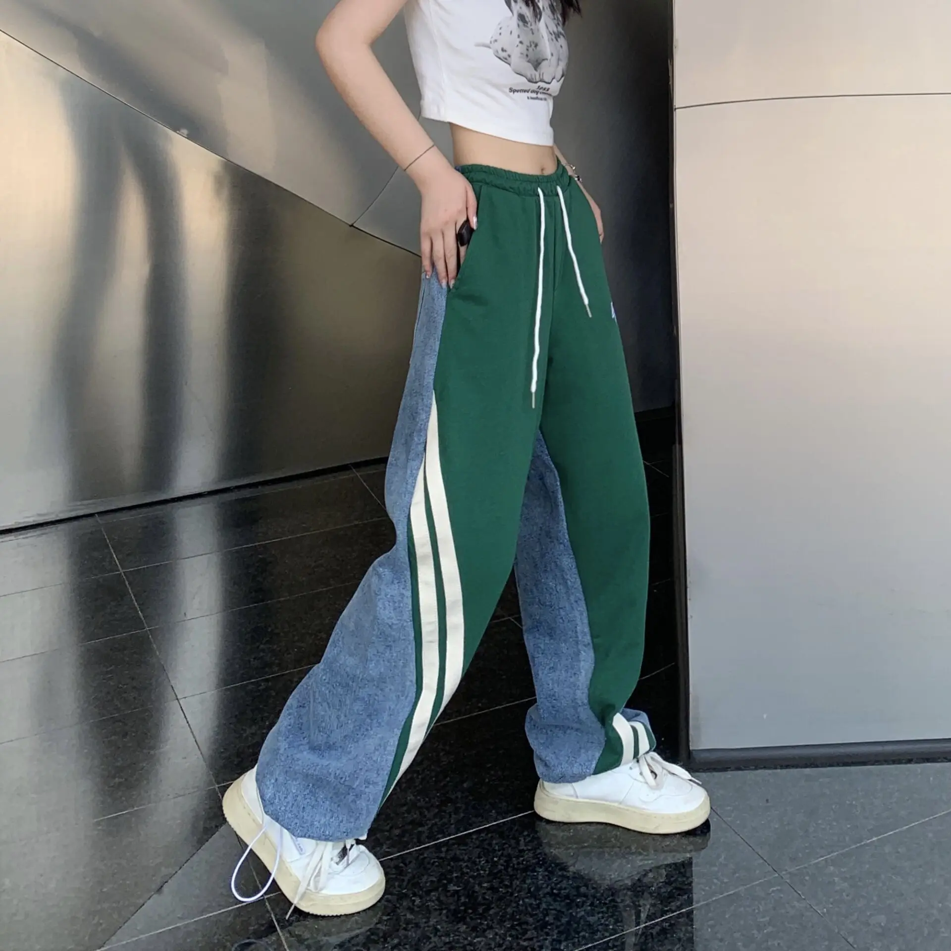 2022 New Trend Hip Hop Splicing Pants woman Jeans Casual Pants Elastic Pants Joggers Pants In Autumn And Spring Lady Clothing