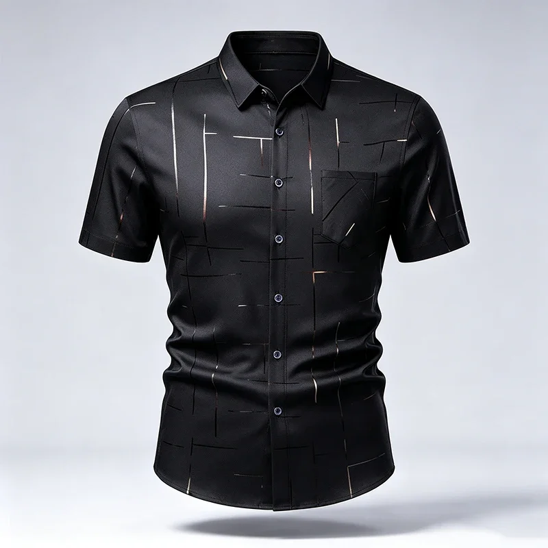 Men Short Sleeve Dress Shirt Lapel Collar Button Up Geometric Line Print Silky Fabric Slim Fit Business Casual Tops