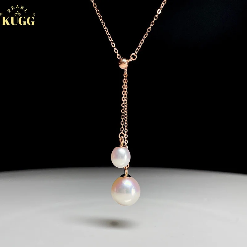 

KUGG PEARL 18K Rose Gold Necklace 5+8mm Natural Freshwater Pearl Necklace for Women Birthday Gift Luxury Tassels Design Jewelry