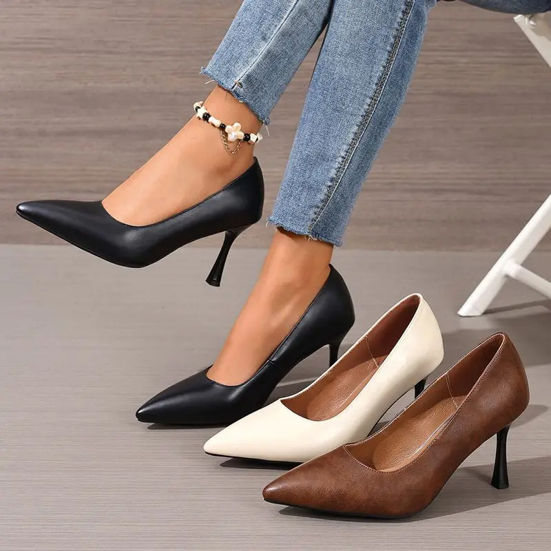 REAVE CAT Brown Office Lady Pumps Pointed Toe 8cm Stiletto Heel Slip On Sexy Dating Wedding Shoes Handmade Plus Size 42 43 44 45