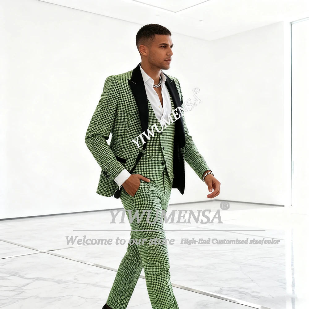 

Мужские костюмы по индивидуальному заказу, зеленый клетчатый пиджак, жилет, брюки, деловой офисный смокинг, мужской костюм для официальной вечеринки, наряды