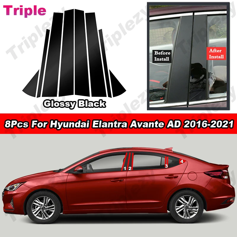 

8Pcs Glossy Piano Black/Carbon Fiber Car Window BC Pillar Post Cover Trim Sticker For Hyundai Elantra Avante AD Sedan 2016-2021