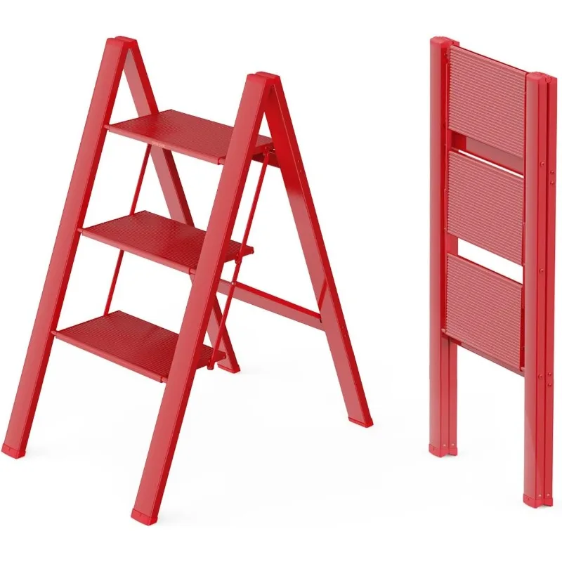 3 Step Ladder, Portable Step Stool to Reach High, Lightweight Aluminum Ladder 300 lbs Capacity, Foldable Compact Ladder