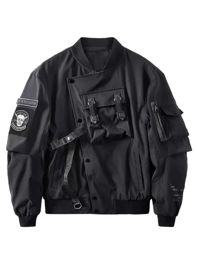 

God of Death Bomber Jacket Chest Pocket Techwear Men Punk Hip Hop Tactical Streetwear Black Varsity Jackets Oversized MA1 Coats