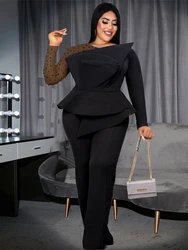 Plus Size Overalls weiße Rüschen Langarm Perlen Empire weites Bein Hosen einteilige Outfits für Damen Abend Cocktail party