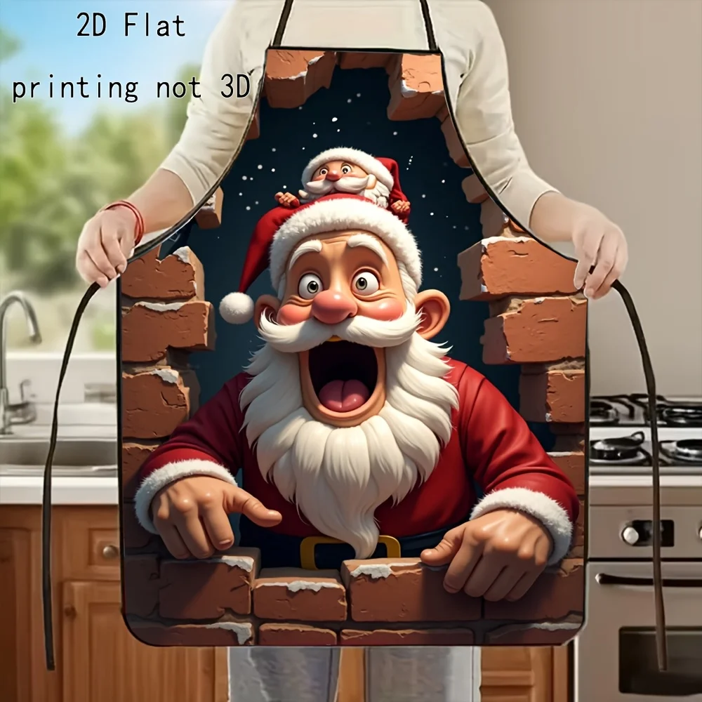 2D Flat Printing, Not 3D, 1pc, Apron, Santa Claus Climbing Through Chimney Themed Multi-Purpose Apron, Household Essential, Reus