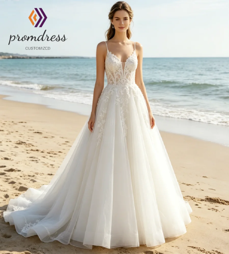 Spaghetti Strap Beach Wedding Dress 2026 Elegant Princess Lace Flowy Tulle Destination Bridal Gowns Elopement Tropical Bride