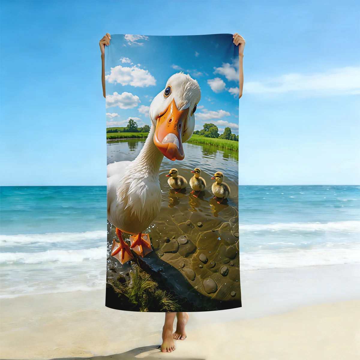 1pc funny duck tilted its head to look at the camera pattern beach towel, absorbent and quick drying bath towel, ultra-fine fibe