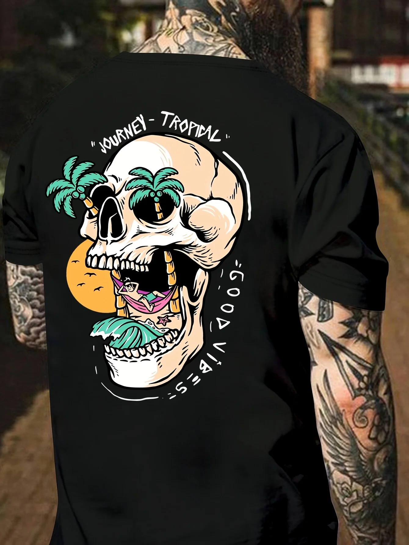 Vibrant Tropical Skull Tee with Palm Tree Eyes and Beach Scene Print 100% Cotton Men's T-shirt Summer Streetwear