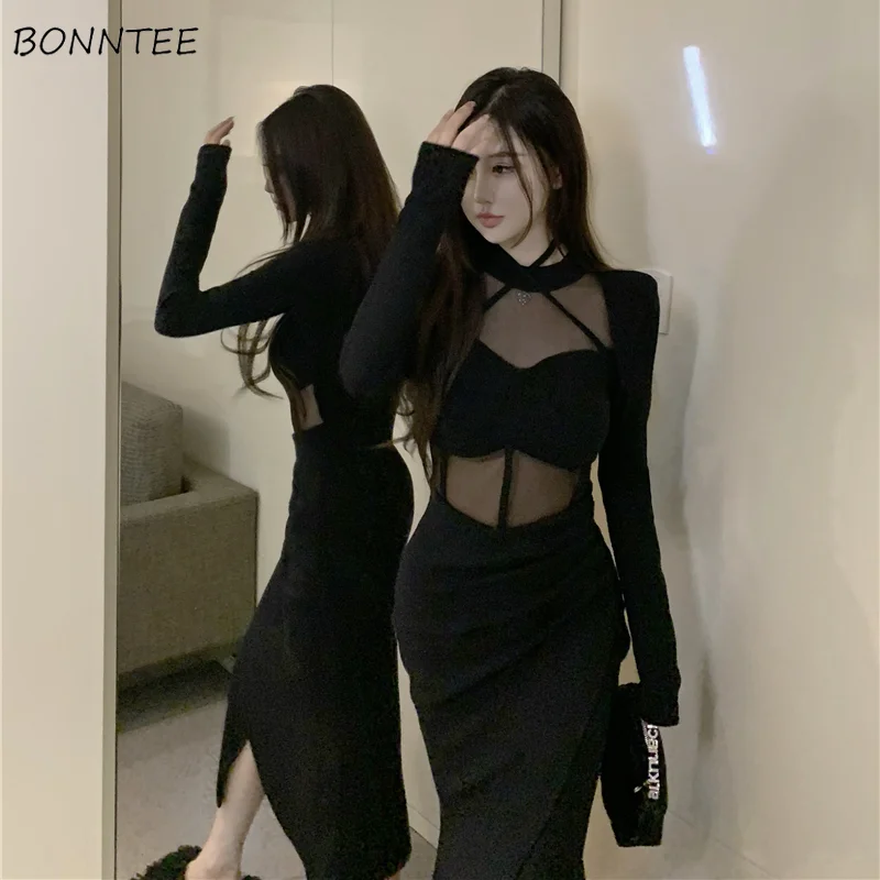 Long Sleeve Mini Dress Women Sexy Mesh Patchwork Slim Pure Casual Split Design Streetwear Daily Spring Temper Attractive Ulzzang