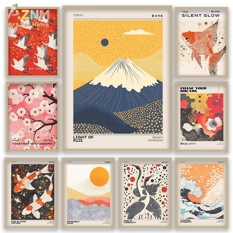 

1pc Japanese Ukiyo-e Style Fuji Mountain Cranes Cherry Blossom Canvas Print Poster Vintage Japandi Art Wall Art Home Decor