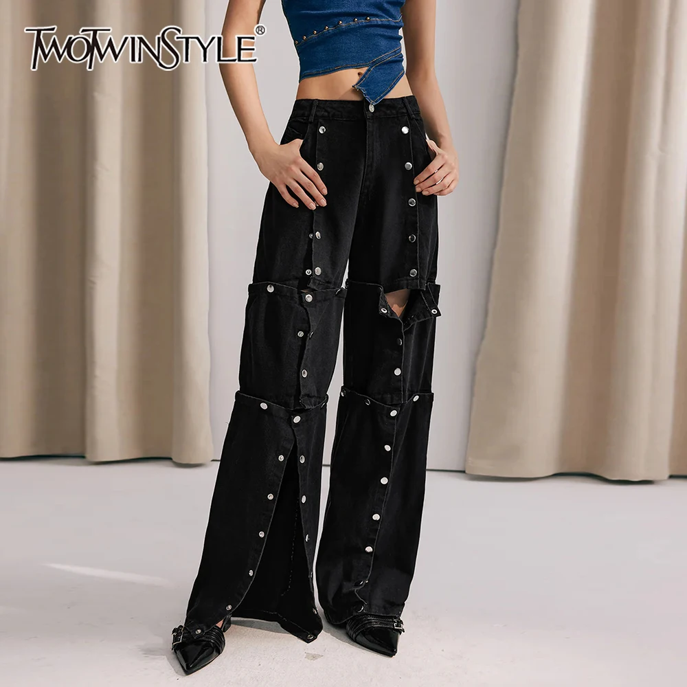 

TWOTWINSTYLE Streetwear Spliced Buttons Wide Leg Pant For Women High Waist Patchwork Pocket Designer Denim Pants Female Fashion