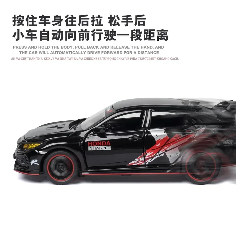 Coche de juguete HONDA CIVIC TYPE-R para niños, vehículo de Metal fundido a presión, modelo de coche de colección con luz de sonido, 1:32