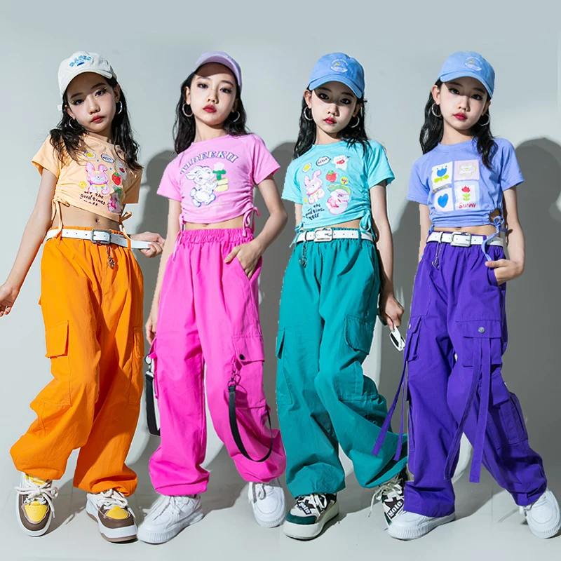 Hip Hop Girls T-shirt Street Dance Solid Cargo Pants Child Candy Color Streetwear Crop Top Clothes Set Kids Sweet Jazz Costumes