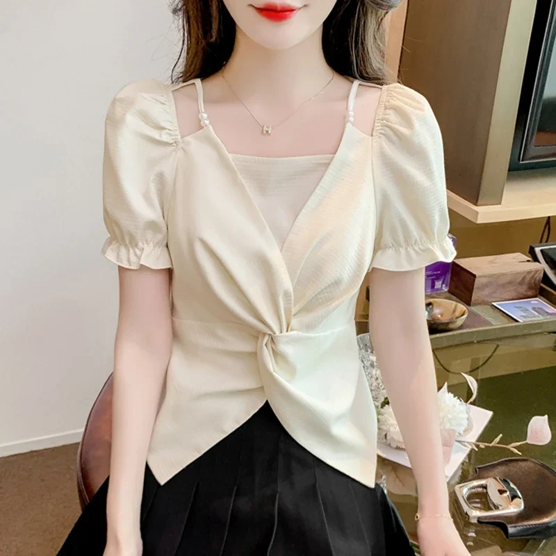 Women Summer Chiffon Blouses Casual 2024 Korean Fashion Clothes Puff Sleeve Crop Tops Sexy French Slim Elegant Ladies Shirts Y2k