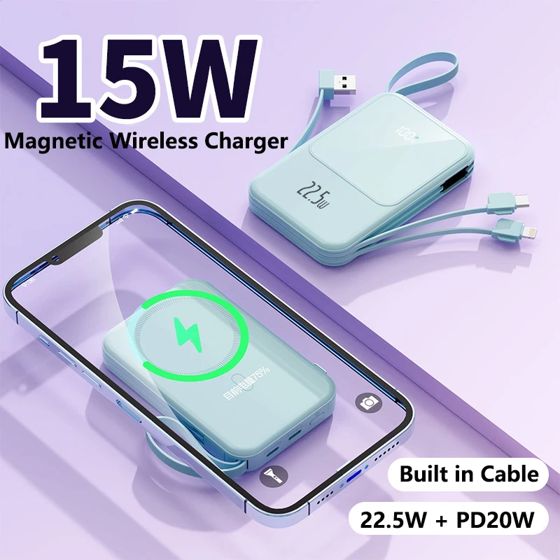 20000mAh Magsafe Power Bank Magnetic Wireless Powerbank Removable Cable for iPhone 16 Xiaomi Samsung Portable Induction Charger