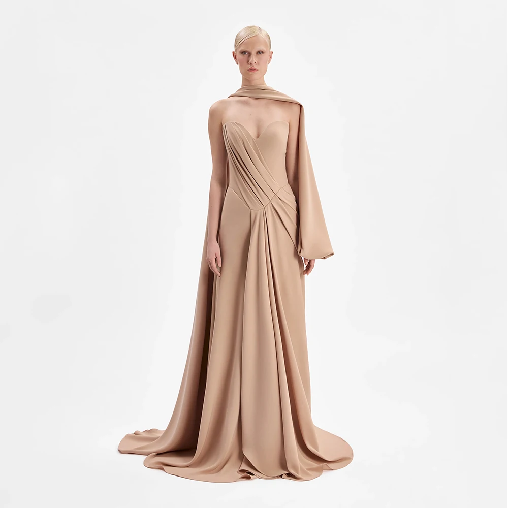 

Modern Champagne Evening Dress Floor Length Prom Dress Strapless Sheath Formal Party Gown With Shawl Saudi Arabia Dress
