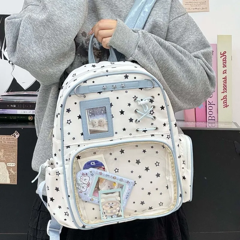 Star-Printed Cute Backpack Middle Students School Bags Transparent Pockets Pain Bag Girls Kawaii Rucksack Anime Uniform Y2K Bags