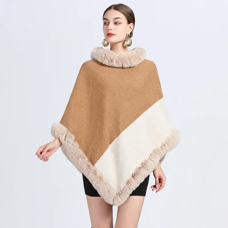 Inverno bege camelo contraste poncho capa de pele de coelho feminino triângulo moda capa solta pullovers outstreet xale casaco