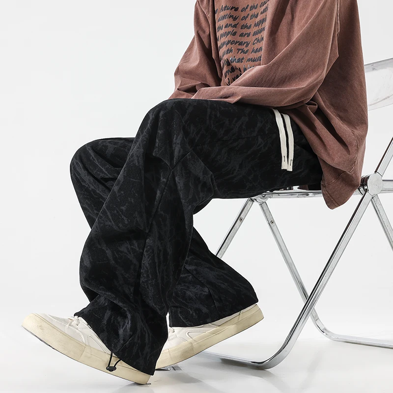 

Новые повседневные универсальные вельветовые брюки прямого кроя с широкими штанинами для мужчин, свободные модные ретро-брюки прямого кроя с завязками, длинные брюки