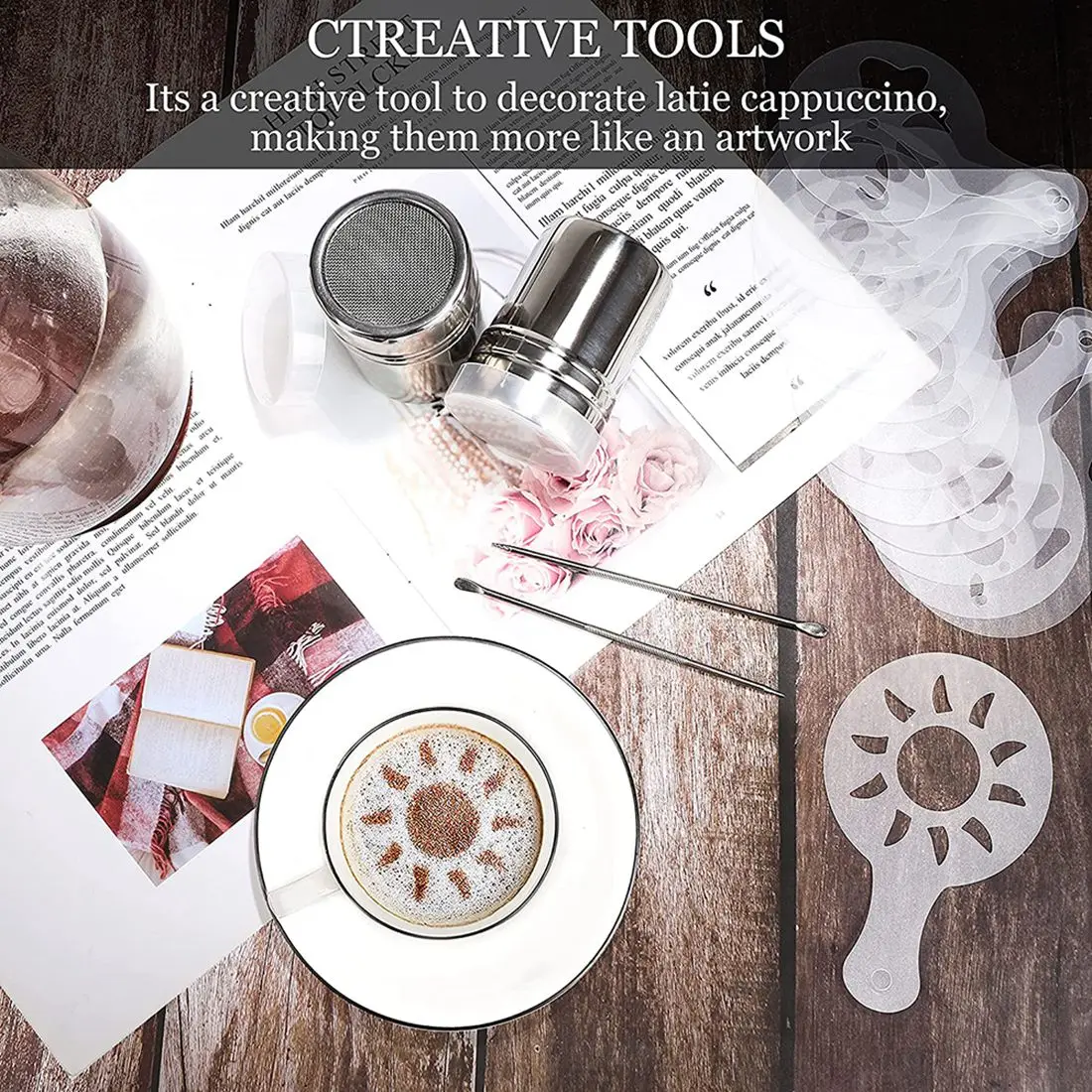 إكسسوارات القهوة شاكر كاكاو مسحوق القهوة شاكر 16 قطعة استنسل قهوة كابتشينو وباريستا