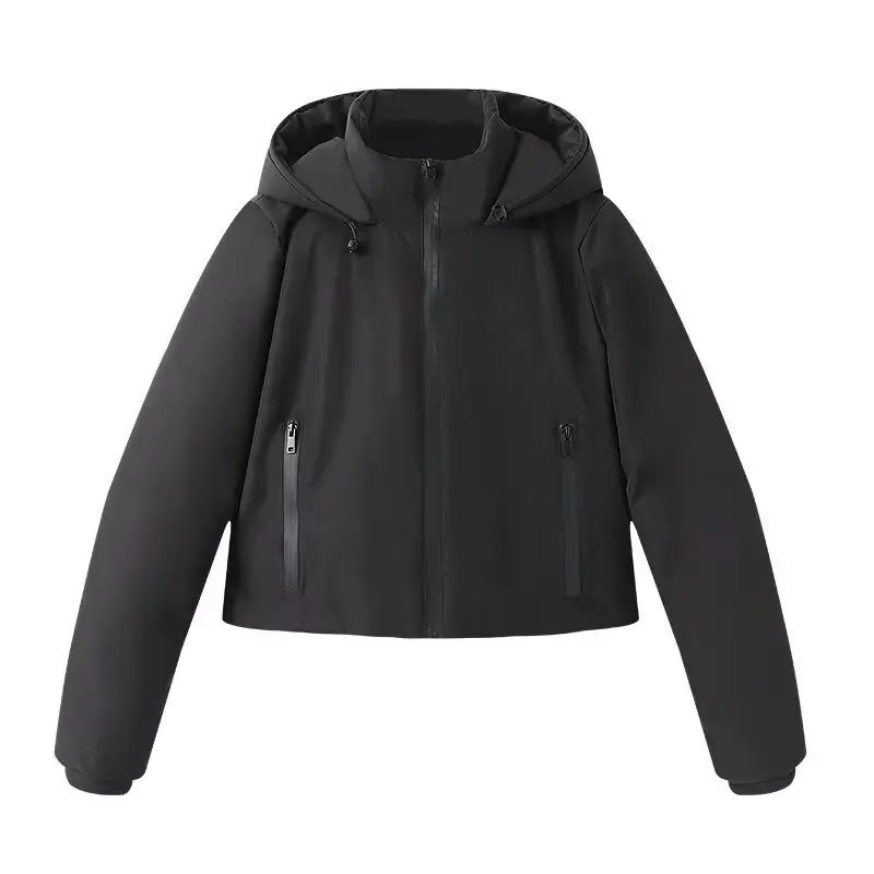 

Women's Stand Collar Hooded Jacket Fashionable Autumn Winter Zip-Decorated Long Sleeve Cotton Coat Thickened Warm Outwear