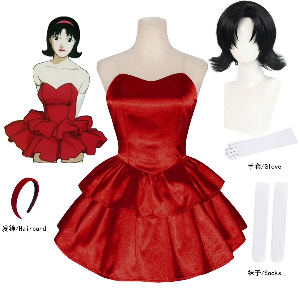 Anime 1997 Thrilling Red Strapless Tube Dress with Headband Perfect Blue Mima Cosplay Costume with Thigh-High Stockings Gloves