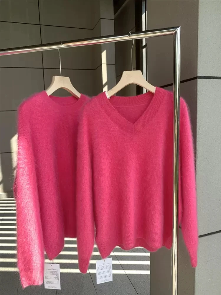 

Rose Pink Sweater Women V Neck Knit Top Lazy Autumn Winter Style