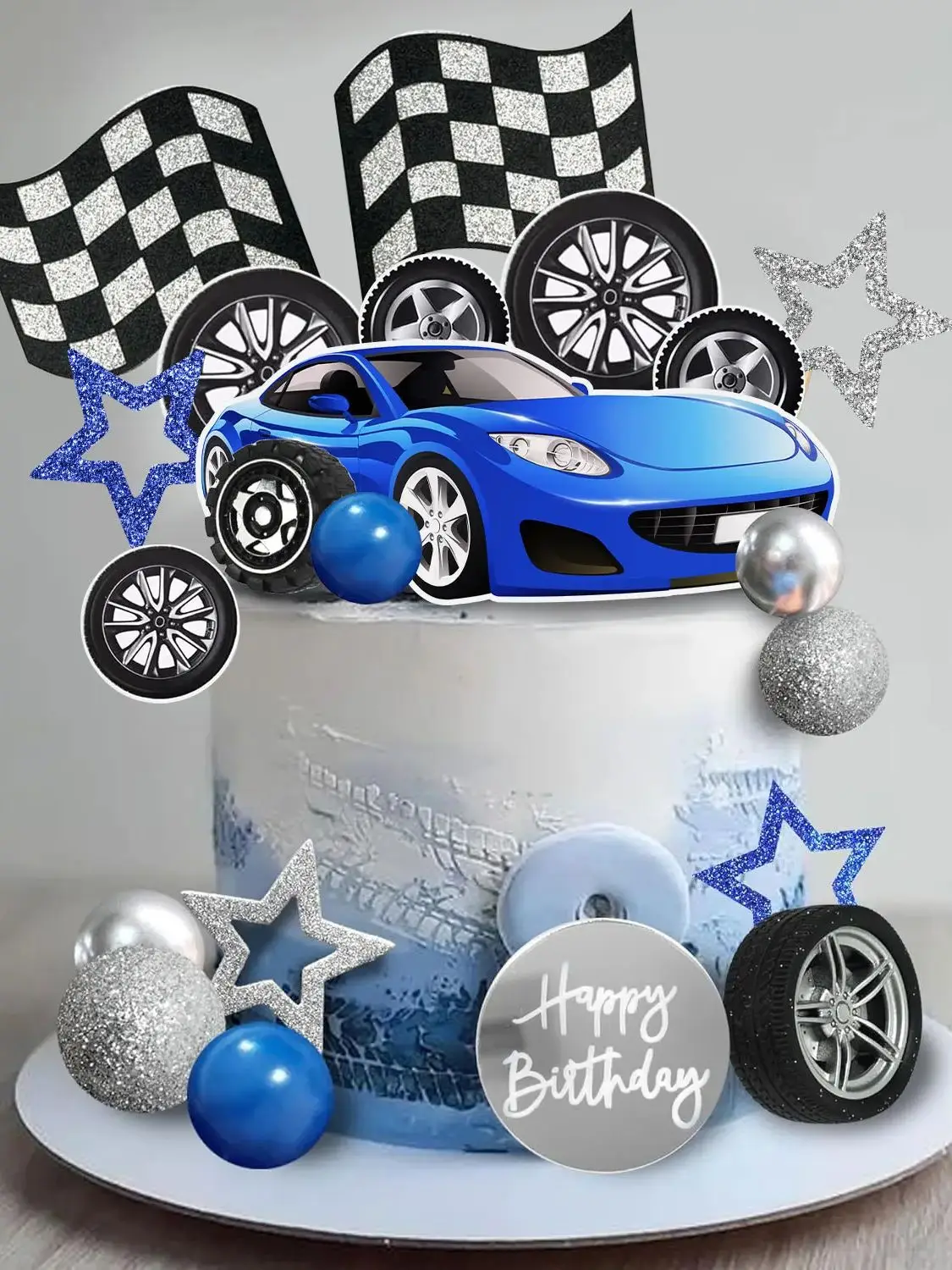 28 pièces bleu roue de course gâteau Topper pneu gâteau décorations pour garçon enfant fête d'anniversaire course thème fête course voiture fête fournitures
