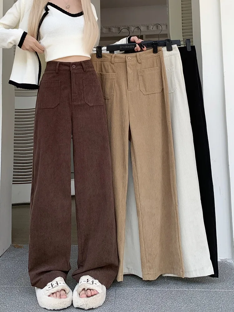 

Off Vintage Corduroy Wide Leg Pants Women's High Waist Straight Casual Pants Small Size Versatile Slimming Autumn Faion