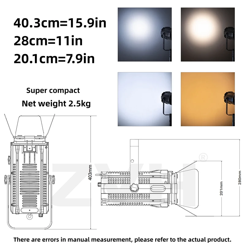 Fresnel Spotlight with Barndoor for COB Stage Lighting 25° - 80° Manual Zoom Angle Continuous Output Lighting for Museum Theater