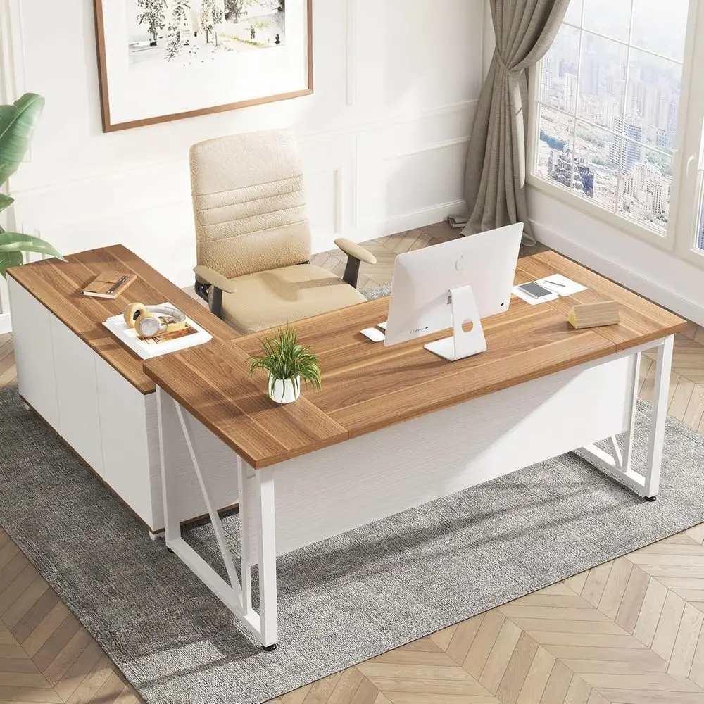 L-Shaped Walnut & White 63 Desk with 47 Lateral File Cabinet for Executive Home Office